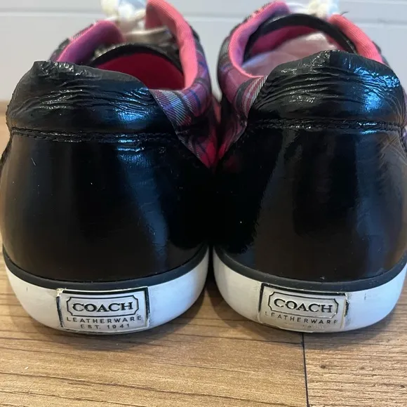 Coach Women's Pink Plaid Black Patent Leather Barrett Sneakers Size 10B