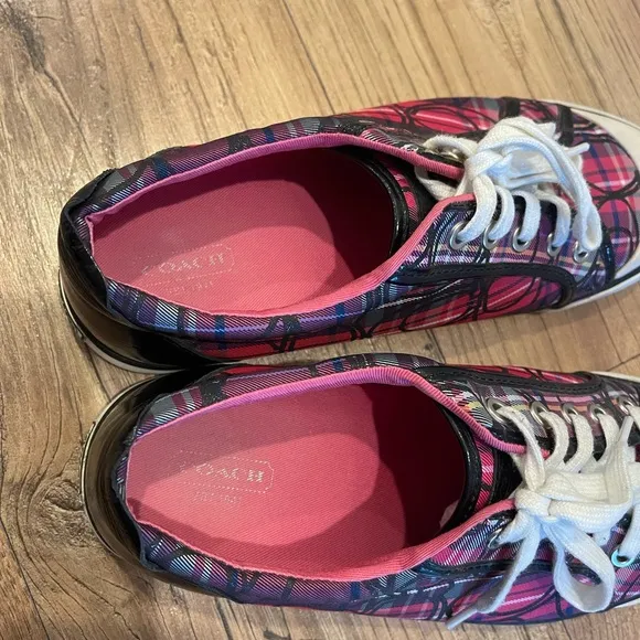Coach Women's Pink Plaid Black Patent Leather Barrett Sneakers Size 10B