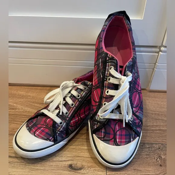 Coach Women's Pink Plaid Black Patent Leather Barrett Sneakers Size 10B