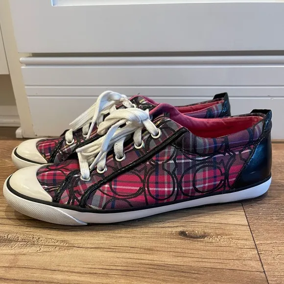 Coach Women's Pink Plaid Black Patent Leather Barrett Sneakers Size 10B