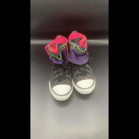 Converse All Star Black Glitter High Top Shoes Rainbow Tongue Layers 1Y Sneaker