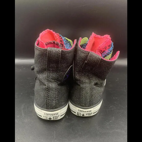 Converse All Star Black Glitter High Top Shoes Rainbow Tongue Layers 1Y Sneaker