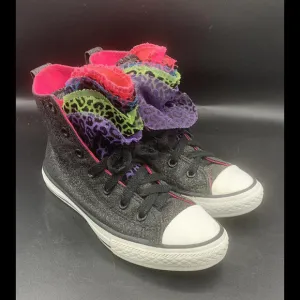 Converse All Star Black Glitter High Top Shoes Rainbow Tongue Layers 1Y Sneaker