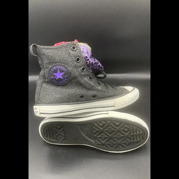 Converse All Star Black Glitter High Top Shoes Rainbow Tongue Layers 1Y Sneaker