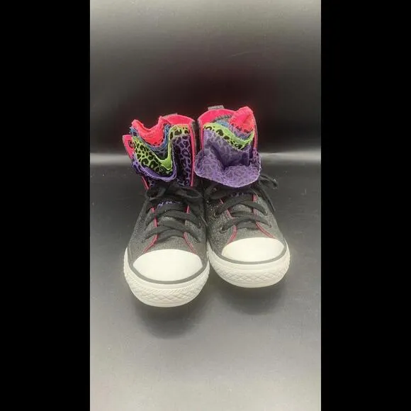 Converse All Star Black Glitter High Top Shoes Rainbow Tongue Layers 1Y Sneaker