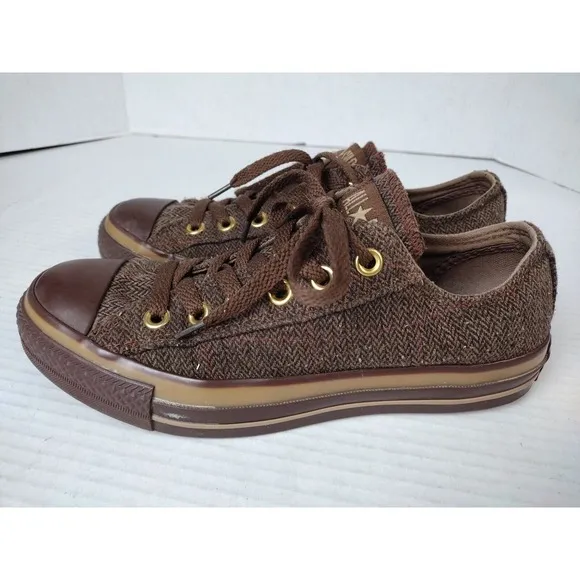 Converse All Star Shoes Tweed Brown Lace Up Men's 4.5 Women's 6.5 Brass Gold Eye