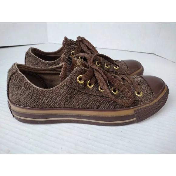 Converse All Star Shoes Tweed Brown Lace Up Men's 4.5 Women's 6.5 Brass Gold Eye