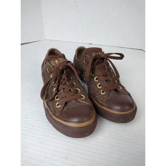 Converse All Star Shoes Tweed Brown Lace Up Men's 4.5 Women's 6.5 Brass Gold Eye