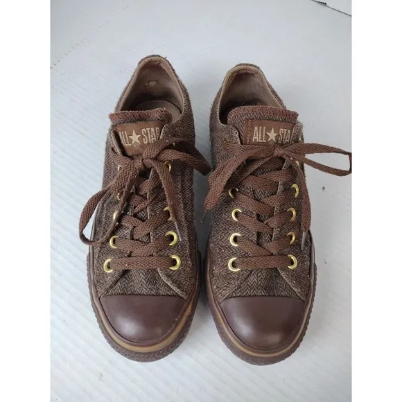 Converse All Star Shoes Tweed Brown Lace Up Men's 4.5 Women's 6.5 Brass Gold Eye