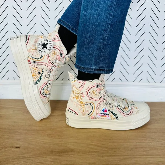 ⭐Converse Chuck 70 Plus Hi 9 Women Shoes Beige Floral Paisley Sneakers A08172C
