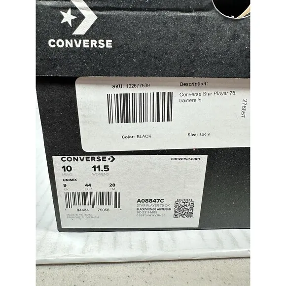 CONVERSE Star Player 76 LOW TOP Black Gum White A08847C Mens Size 10 NEW