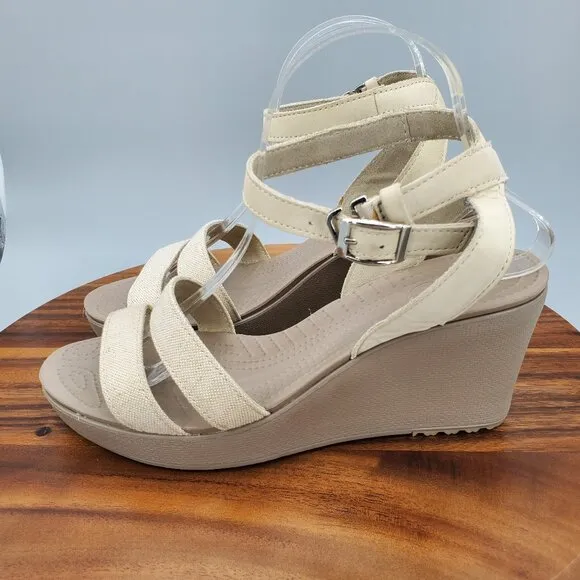 Crocs Leigh II Sandals Women's 10 Beige Ankle Strap Buckle Comfort Wedge Shoes