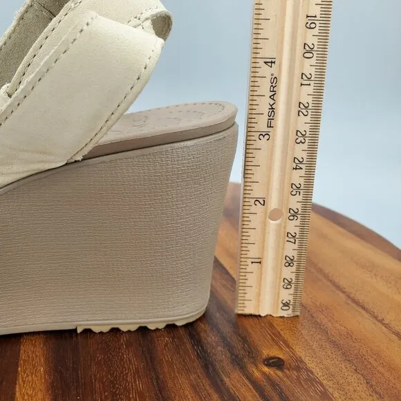 Crocs Leigh II Sandals Women's 10 Beige Ankle Strap Buckle Comfort Wedge Shoes