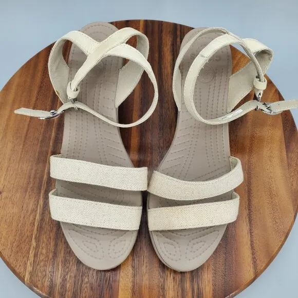 Crocs Leigh II Sandals Women's 10 Beige Ankle Strap Buckle Comfort Wedge Shoes