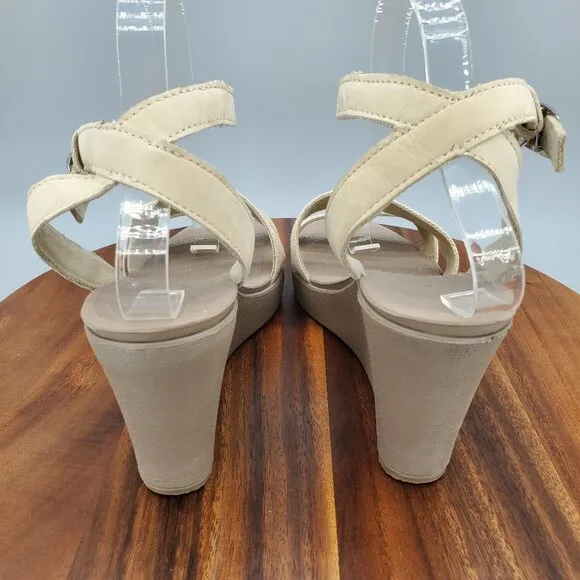 Crocs Leigh II Sandals Women's 10 Beige Ankle Strap Buckle Comfort Wedge Shoes