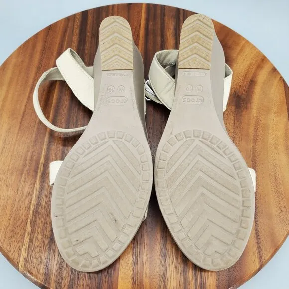 Crocs Leigh II Sandals Women's 10 Beige Ankle Strap Buckle Comfort Wedge Shoes