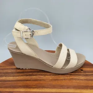 Crocs Leigh II Sandals Women's 10 Beige Ankle Strap Buckle Comfort Wedge Shoes