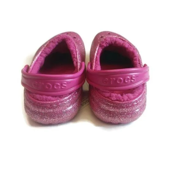CROCS Lined Glitter Clog K Lightweight Slip On Clogs Shoes Size J3 Fuchsia Multi