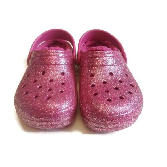 CROCS Lined Glitter Clog K Lightweight Slip On Clogs Shoes Size J3 Fuchsia Multi