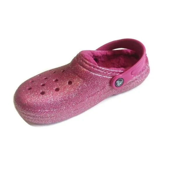 CROCS Lined Glitter Clog K Lightweight Slip On Clogs Shoes Size J3 Fuchsia Multi