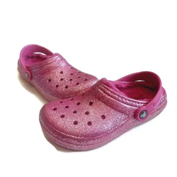 CROCS Lined Glitter Clog K Lightweight Slip On Clogs Shoes Size J3 Fuchsia Multi