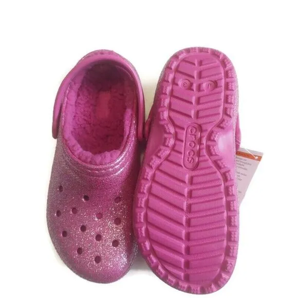 CROCS Lined Glitter Clog K Lightweight Slip On Clogs Shoes Size J3 Fuchsia Multi