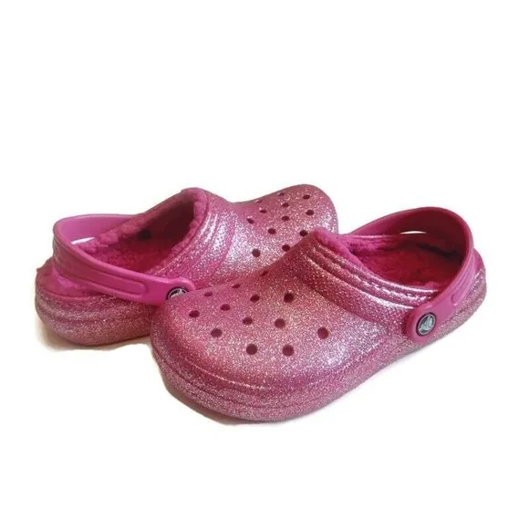 CROCS Lined Glitter Clog K Lightweight Slip On Clogs Shoes Size J3 Fuchsia Multi