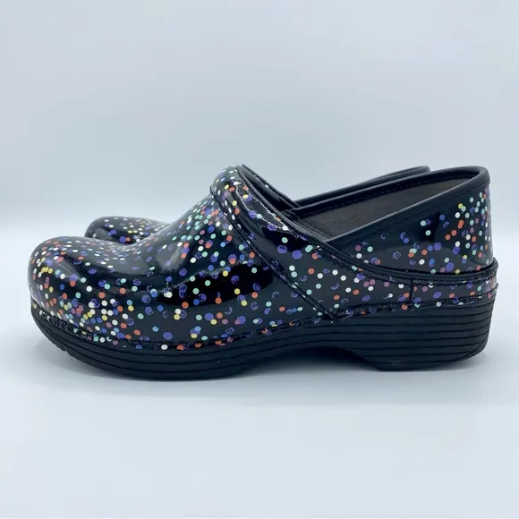 Dansko Black Confetti LT Pro Patent Leather Clogs Size 39 / US 8.5 - 9