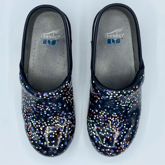 Dansko Black Confetti LT Pro Patent Leather Clogs Size 39 / US 8.5 - 9