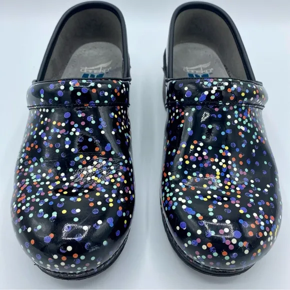 Dansko Black Confetti LT Pro Patent Leather Clogs Size 39 / US 8.5 - 9
