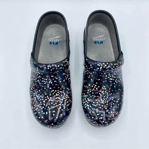 Dansko Black Confetti LT Pro Patent Leather Clogs Size 39 / US 8.5 - 9