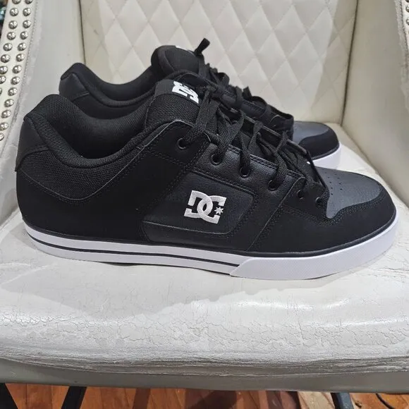 DC Mens Pure Skate Shoes Black White Leather Upper Rubber Sole Size 15