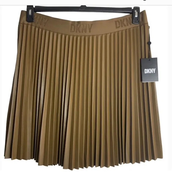 DKNY Faux Leather Pleated Accordion Skirt light olive green high waist Large