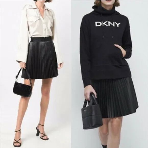 DKNY Faux Leather Pleated Accordion Skirt light olive green high waist Large