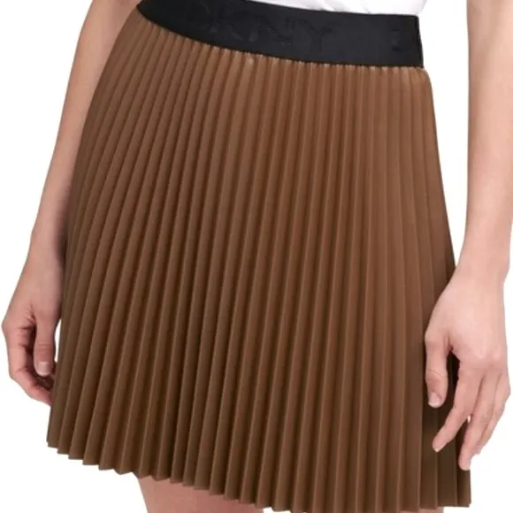 DKNY Faux Leather Pleated Accordion Skirt light olive green high waist Large