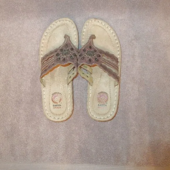 Earth Spirit Gelron Leather Sandals Size 8 Beaded Tobi Padded Flip Thong Braided