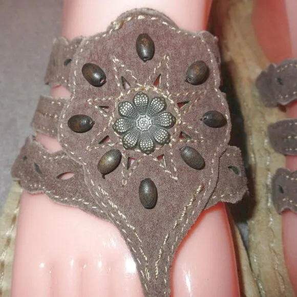 Earth Spirit Gelron Leather Sandals Size 8 Beaded Tobi Padded Flip Thong Braided