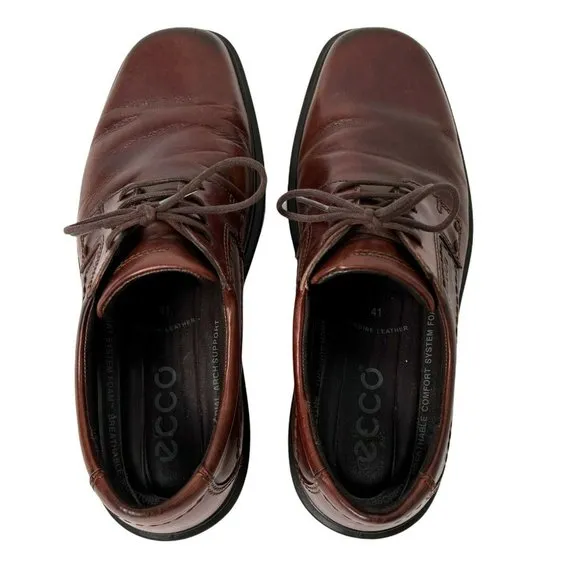 ECCO Berlin Brown Leather Lace Up Plain Toe Oxford Shock Point Dress Shoes 41