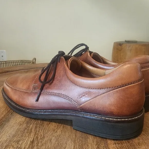 Ecco Brown Oxford Walnut Leather Shock Point Square Toe Dress Shoes Mens 9.5