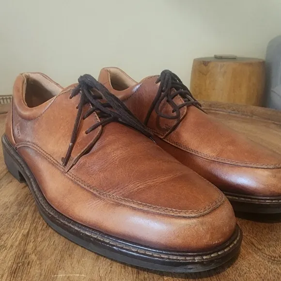 Ecco Brown Oxford Walnut Leather Shock Point Square Toe Dress Shoes Mens 9.5