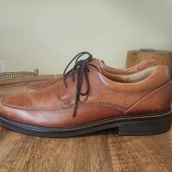 Ecco Brown Oxford Walnut Leather Shock Point Square Toe Dress Shoes Mens 9.5