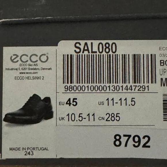 Ecco Helsinki Black Leather Oxford Shoes Dual Fit Insoles 11.5 NWB