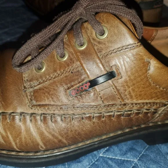 Ecco Sz 12 (46) Distressed Brown Moc Toe Casual Lite Lace Up Shock Point Shoes