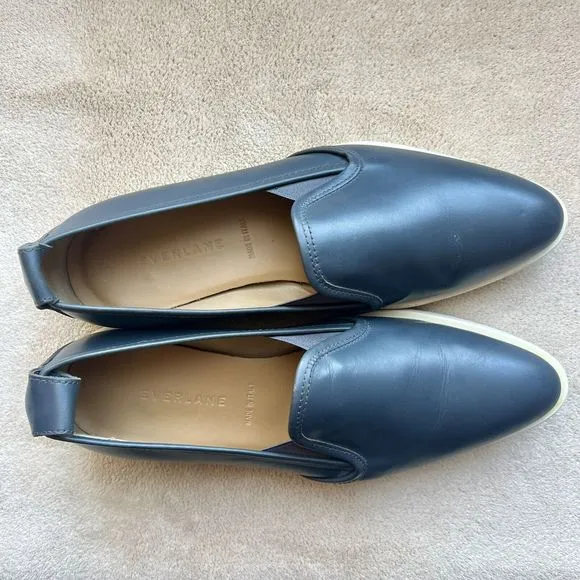 Everlane The Street Shoe Blue Gray Leather Loafer Pointed Toe White Soles 8.5