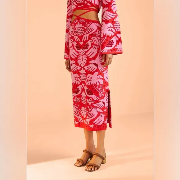 Farm Rio Red Jungle Scarf Knit Skirt
