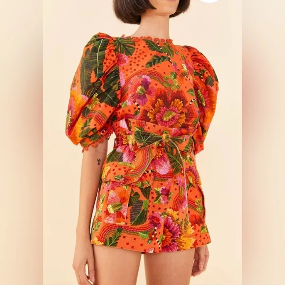 Farm Rio Women’s Orange Blooming Garden High Rise Paperbag Belted Shorts XL NWT