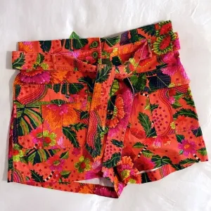 Farm Rio Women’s Orange Blooming Garden High Rise Paperbag Belted Shorts XL NWT