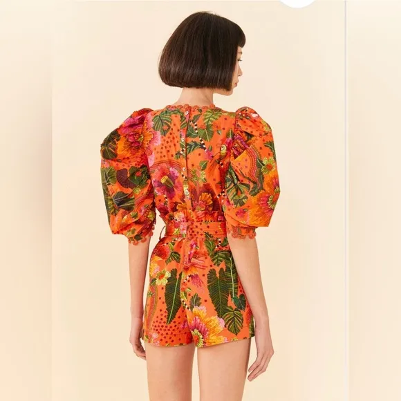 Farm Rio Women’s Orange Blooming Garden High Rise Paperbag Belted Shorts XL NWT