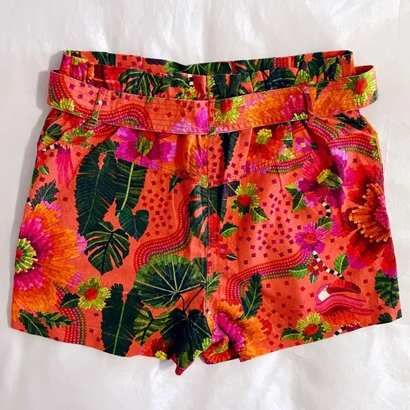 Farm Rio Women’s Orange Blooming Garden High Rise Paperbag Belted Shorts XL NWT
