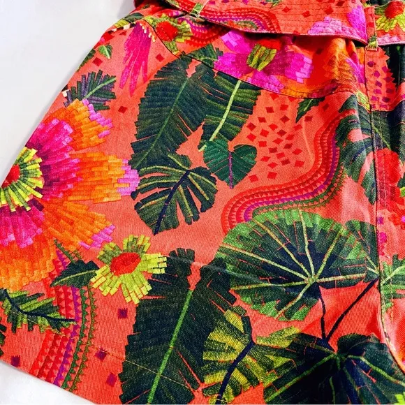 Farm Rio Women’s Orange Blooming Garden High Rise Paperbag Belted Shorts XL NWT
